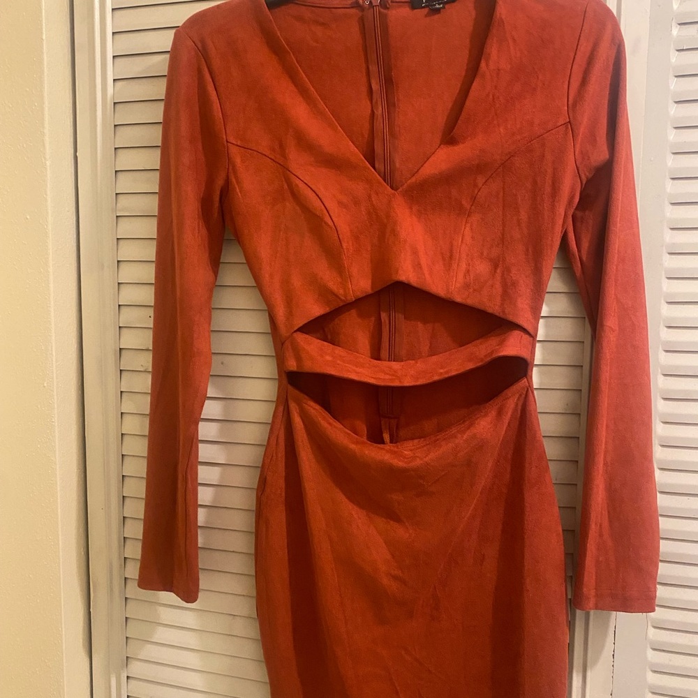 Orange Ribbed Bodycon Dress with Plunge Neckline